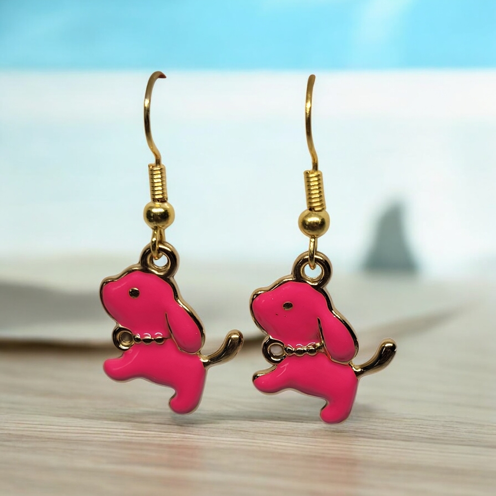 Gold and Pink Puppy Earrings